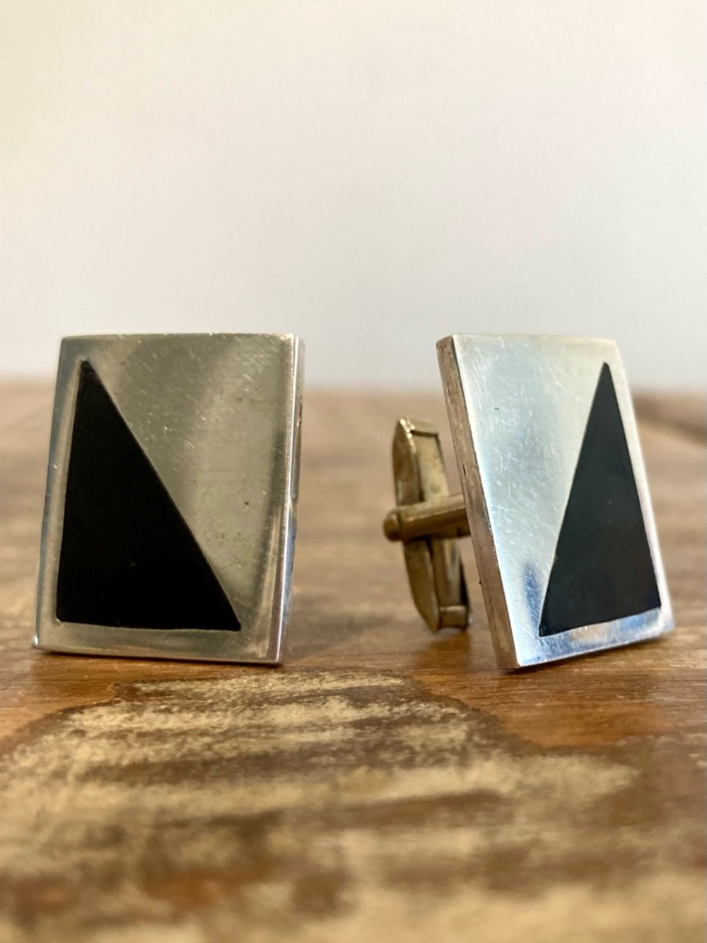 Vintage Taxco Modernist Sterling Silver Cufflinks – TD‑53 – Black Inlay – 24g
